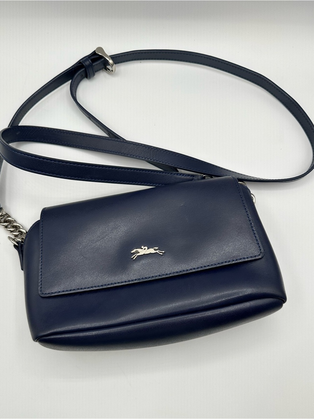 Longchamp Honore 404 convertible Navy Blue Crossbody bag with Silver Logo.